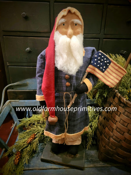 OTCS2411  Large Santa 🎅 Wearing Blue Plaid Coat w/ Flag & Wreath 🇺🇸