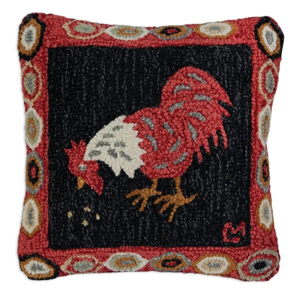#165RRBK Red Rooster Hooked Pillow