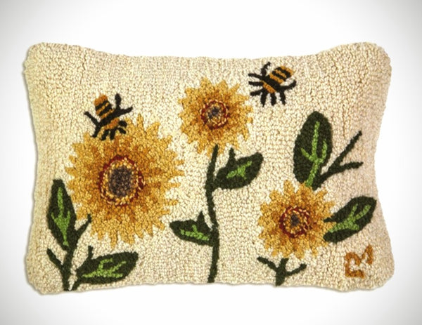 #168SFB Hooked Sunflower Bees 12x18 Pillow