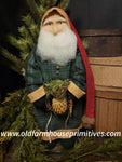 #OTC23-2 Primitive Santa 🎅 Wearing Green Plaid Coat Holding A Pineapple &  Wreath ⭐️ LOW INVENTORY