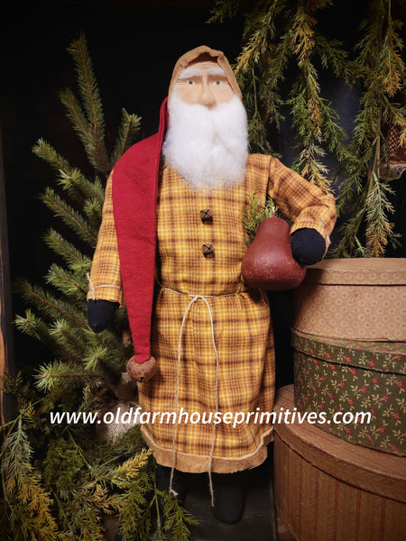 #OTC23-16 Primitive Santa Clause 🎅 Wearing Mustard Plaid Holding a Pear 🍐 With Greenery