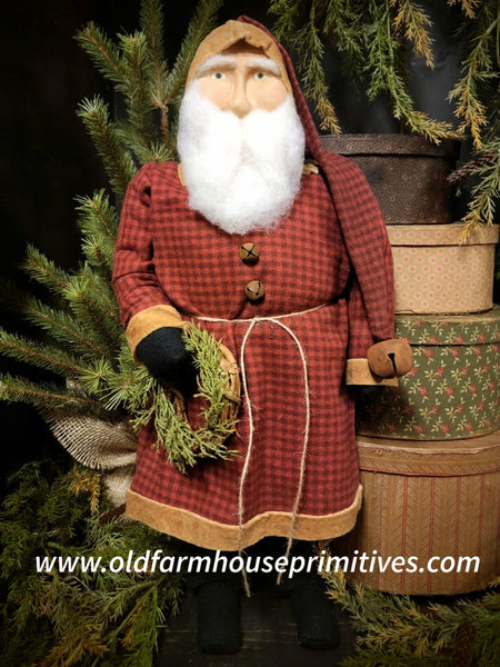#OTC23-6 Primitive Santa 🎅 Wearing Red Plaid Coat Holding Wreath