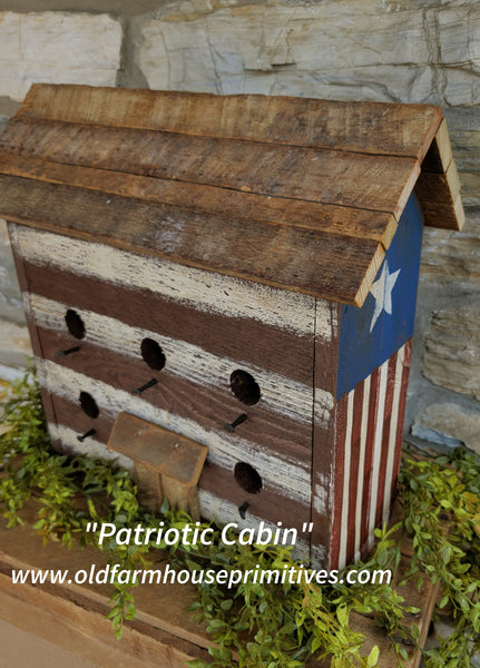 #BHPAT Primitive "PATRIOTIC CABIN" Birdhouse MADE IN USA