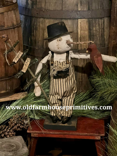 #DAWW15 Primitive Snowman ⛄️ "Mr. Jingles" Holding Cardinal & Merry Christmas Tree 🎄 (Handmade in USA)