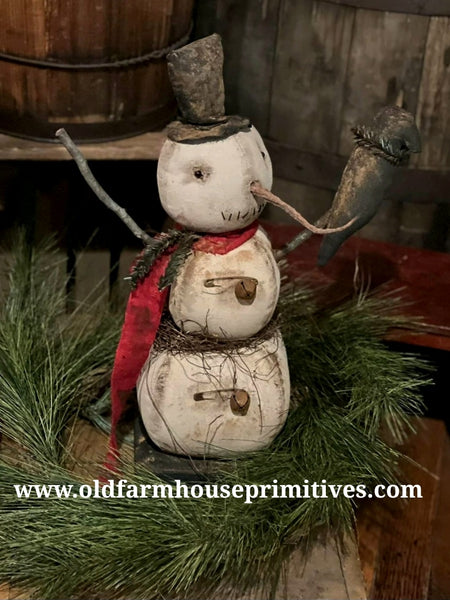 Primitive Vintage Hand Painted Snowman with String of Hearts