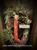 #RSN-W12HH Primitive "Happy Holidays" Stocking Grapevine Wreath