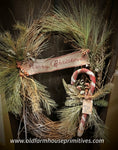 #RSN-W11 Primitive "Candy Cane" Grapevine Wreath with "Merry Christmas" Banner