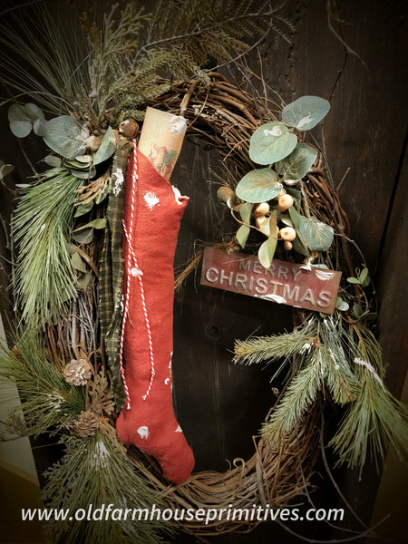 #RSN-W12MC Primitive "Merry Christmas" Stocking Grapevine Wreath