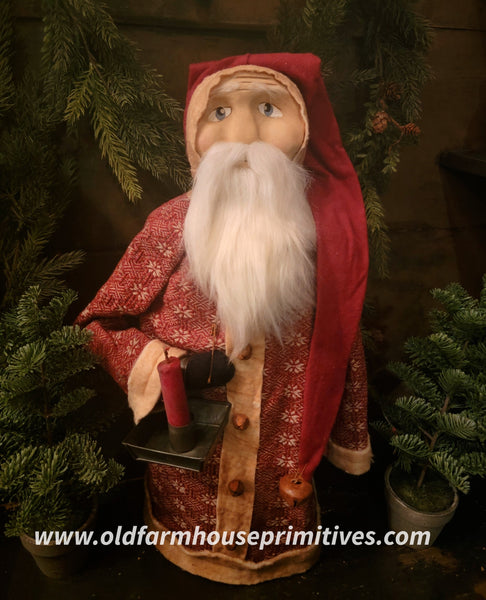 #RJS-RD Clay Face Santa With Red Textile Coat & Tin Candleholder