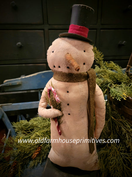 OTCS2414  Large Primitive Snowman ☃️ With Top Hat 🎩  Holding Candycane