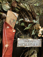 #RSN-W12HH Primitive "Happy Holidays" Stocking Grapevine Wreath