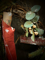 #RSN-W12MC Primitive "Merry Christmas" Stocking Grapevine Wreath