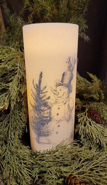 53966B 11.75In LED Vintage Snowman Wax Pillar Candle