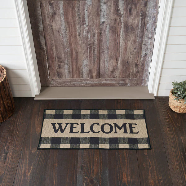 #84767  Black & Tan Tavern Check "WELCOME"  Polyester Rug - Rectangle 17x36In