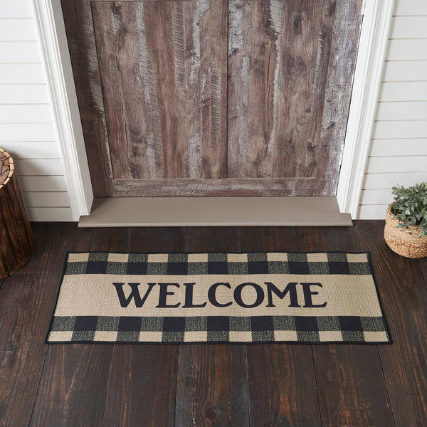#84768  Black & Tan Tavern Check "WELCOME" Polyester Rug - Rectangle 17x48In