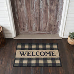 #84769  Black & Tan Tavern Check "WELCOME" Polyester Rug - Rectangle 24x36In