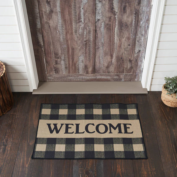#84769  Black & Tan Tavern Check "WELCOME" Polyester Rug - Rectangle 24x36In