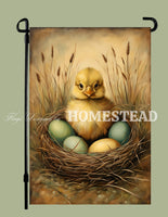 #GF-1085 "Primitive Chick In Nest" Garden Flag
