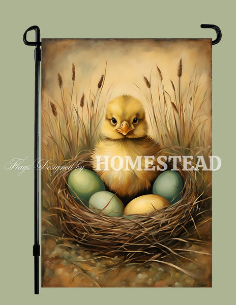 #GF-1085 "Primitive Chick In Nest" Garden Flag