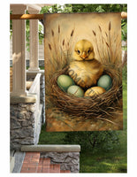 #LF-1085 "Primitive Chick In Nest" House/Yard Flag