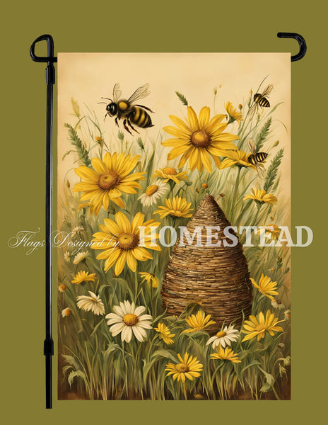 #GF-1111 "Bee Skep & Daisies" Garden Flag