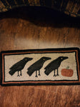 #PCDF23 Primitive "3 CROWS With Pumpkin  🎃 Hooked Wool Rug ~ Made In USA
