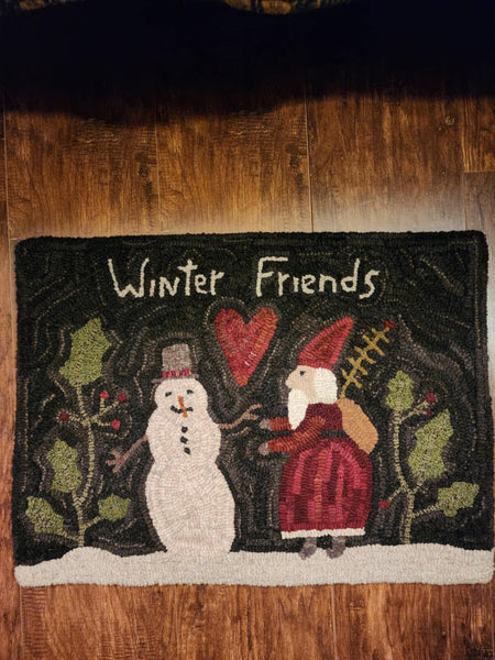 #PCDF26 Primitive "WINTER FRIENDS" 🎅 ⛄️ Hooked Wool Rug ~ Made In USA