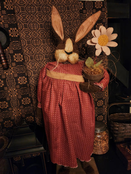 #PCDF15 RUGGED CHIC Primitive Brown Girl Bunny Wearing Red Dress Holding Flowerpot