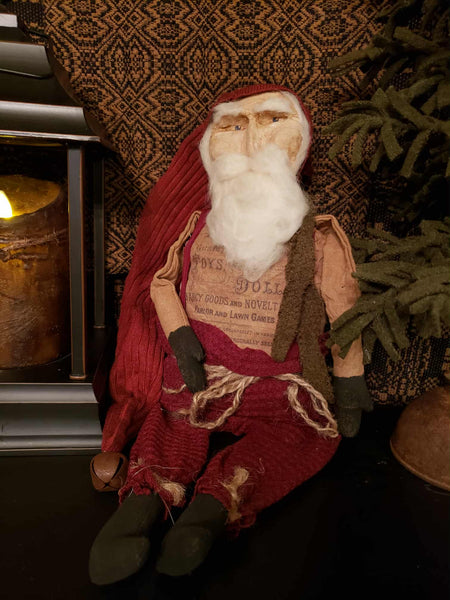 #PCDF103  Primitive Clay Face Sitting Rag Stuffed & Weighted Santa Handmade In America