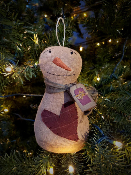 #PCDF86 Primitive Folkart Hanging Snowman Ornament "Heart ♥️" Handmade In America 🇺🇸