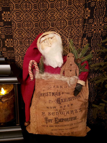 #PCDF82 Primitive Clay Face Santa 🎅 In Christmas Sack Handmade In America 🇺🇸