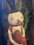VLN-MR Primitive "MR VALENTINE" Snowman With Heart By Dawn's Attic Treasures