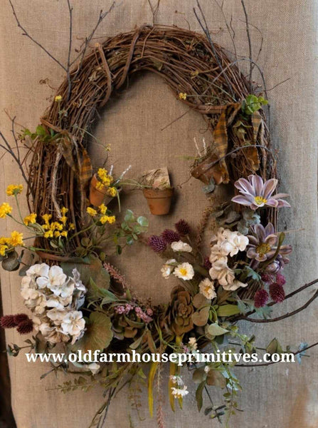 RSN-SP1  Primitive Handmade Spring Clay Pot 🌷Grapevine Wreath 🐝MORE COMING SOON!