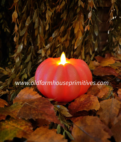 CA238  Round Orange Pumpkin Carved Moving Flame Candle - 4.5x2.7In