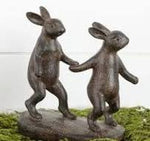 #8RS1033  Primitive Black Resin Rabbits Walking Hand In Hand