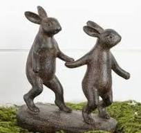 #8RS1033  Primitive Black Resin Rabbits Walking Hand In Hand