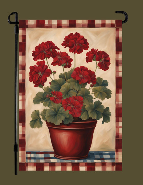 #GF-2525 "Plaid Border Geranium Pot" Garden Flag