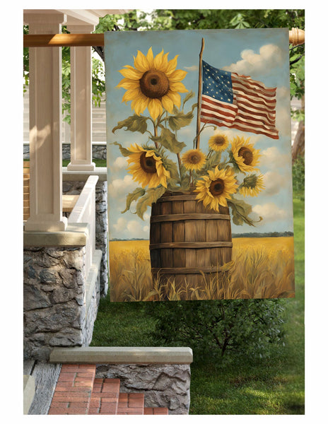 #LF-2523 "Wood Barrel With American Flag & Sunflowers" Large Yard/House Flag