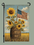 #GF-2523 "Wood Barrel With American Flag & Sunflowers" Garden Flag