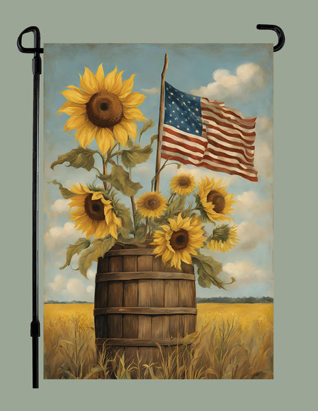 #GF-2523 "Wood Barrel With American Flag & Sunflowers" Garden Flag