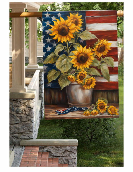 #LF-2522 "Patriotic Tin With Sunflowers" Large Yard/House Flag