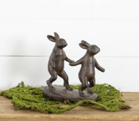 #8RS1033  Primitive Black Resin Rabbits Walking Hand In Hand