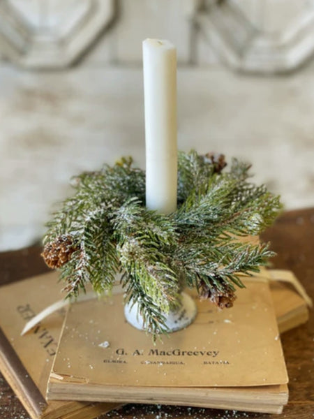 #LV782 Frosted White Spruce with Cones Candle Ring