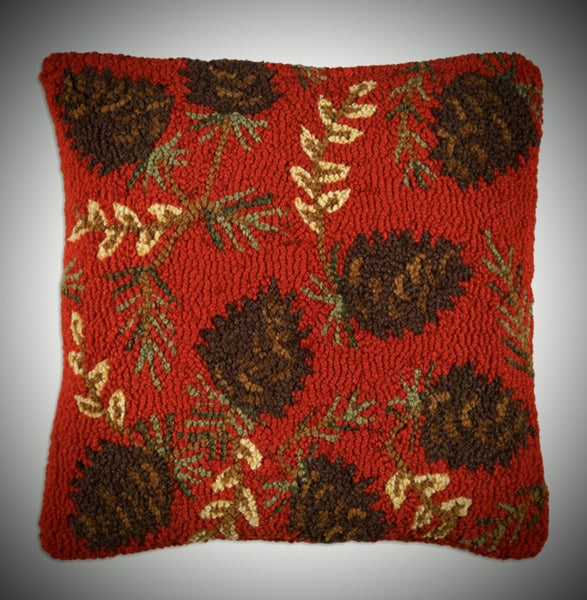 P13B "RUBY PINECONES"  18x18IN Hooked Pillow