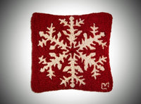 #164RFLK "SNOWFLAKE ON RED" 14X14 Wool Hooked Pillow