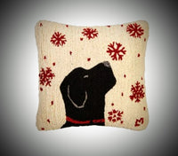 #165BLFL "BLACK LAB CATCHING FLAKES" Wool Hooked 18x18 Pillow