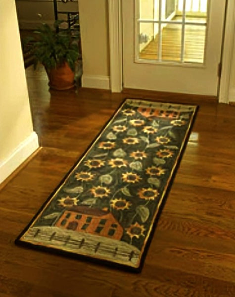 #450-37 Primitive House & Sunflower Hooked Rug Runner