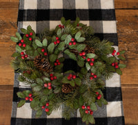 #G191550 Snowy Holly 16In Candle Ring With Pine, Berries & Cones