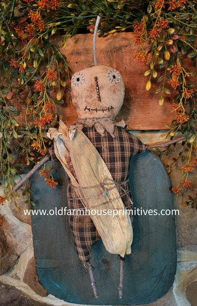 #BYC-BPL  Primitive Hanging Pumpkin Guy With Corn Cob MADE IN AMERICA!