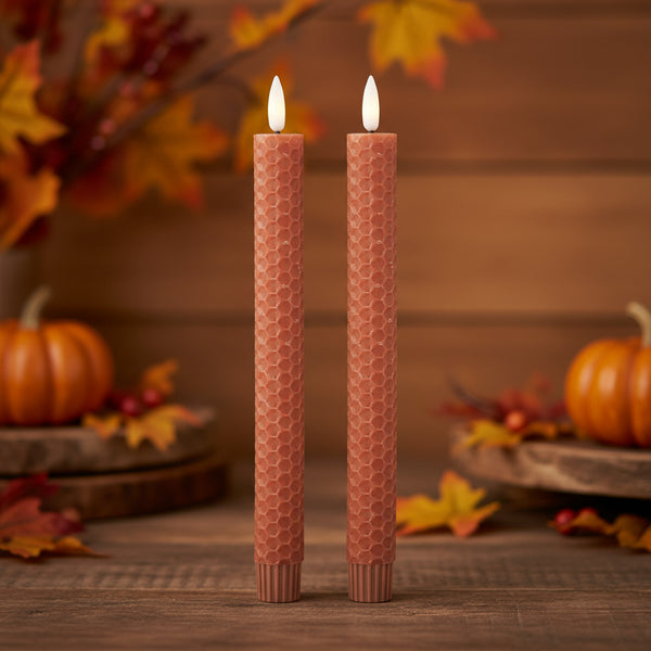 #D19642-RU  Set of 2 9.75In Rust Honeycomb LED Taper Candles